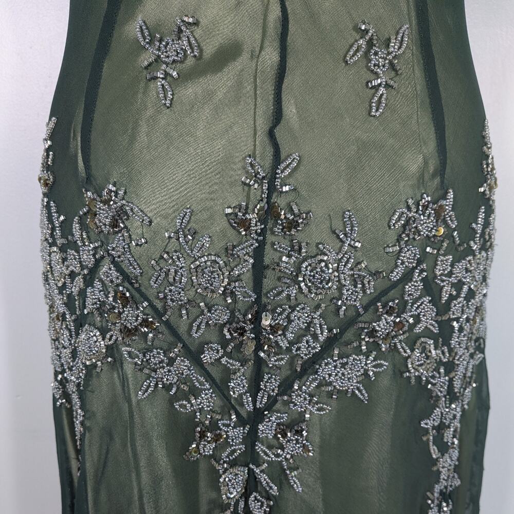 Vintage Scala Midi Dress Cocktail Gown XL Green Silk Bead Gatsby Fairy Grunge - Picture 8 of 16